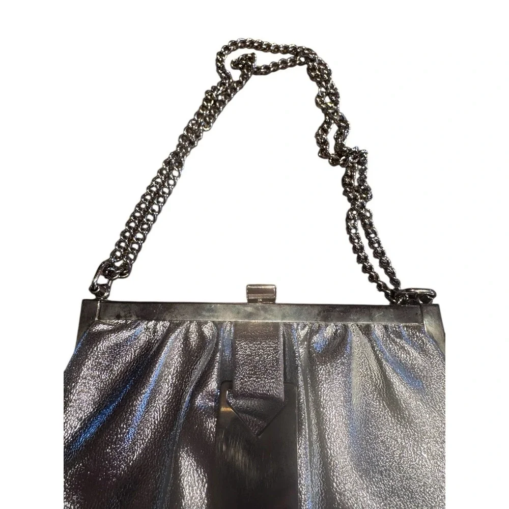 Vintage Art Deco Silver Metallic Handbag &Coin Purse Chain Strap Mirrored Clip